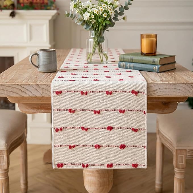 Artoid Mode Red Boho Farmhouse Cotton Woven Table Runner, Seasonal Christmas Kitchen Dining Table Decoration for Home Party Decor 12x90 Inch