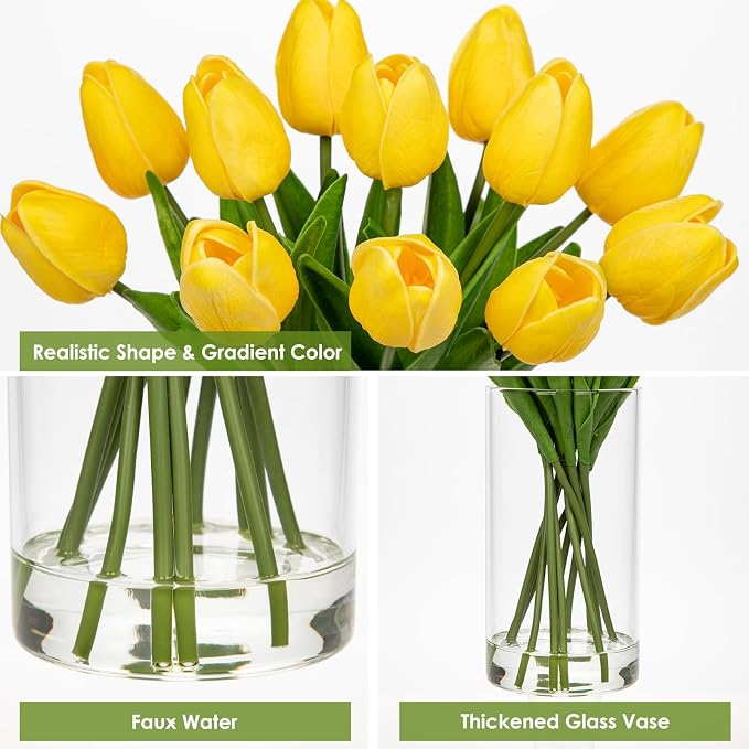 DILATATA 12 Pcs Artificial Real Touch Tulips Flowers in Glass Vase with Faux Water, Tulips Fake Arrangements Yellow Tulips with Vase for Dining Table Home Decor Wedding Centerpieces