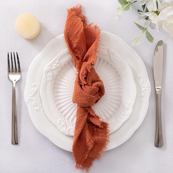 Socomi Set of 12 Linen Napkins Terracotta Easter Spring Cloth Napkins Washable Cotton Dinner Napkins Fringe 17"x17" for Wedding Party Bridal Baby Shower Birthday Table Decorations