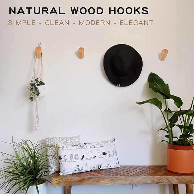 Felidio Wood Wall Hooks, 6 Pack Natural Wooden Coat Hooks Wall-Mounted, Rustic Heavy Duty Hook for Hanging Towels Coats Plants, Entryway Hat Hanger Wall Coat Rack (Beech Wood)