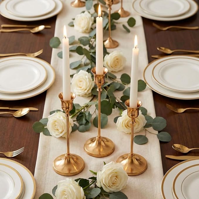 1 Sets Candle Holder Brass Gold Candlestick Holders - HearthLume Vintage Modern Metal Taper Candle Holders, Decorative Centerpiece for Table Mantel, Wedding Kitchen Home Decor, Wedding Gift,3Pcs