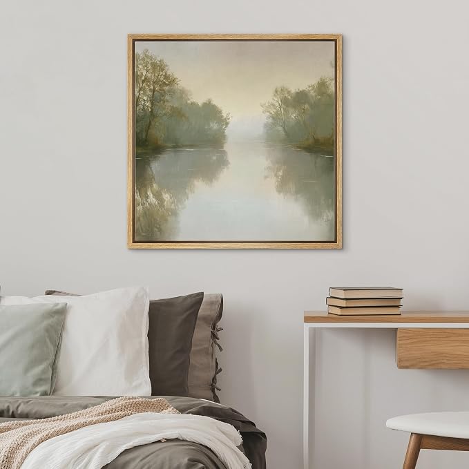 SIGNWIN Framed Canvas Print Wall Art Misty River Landscape Tranquil Nature Illustrations Fine Art Country Minimal for Living Room, Bedroom, Office - 24"x24" NATURAL