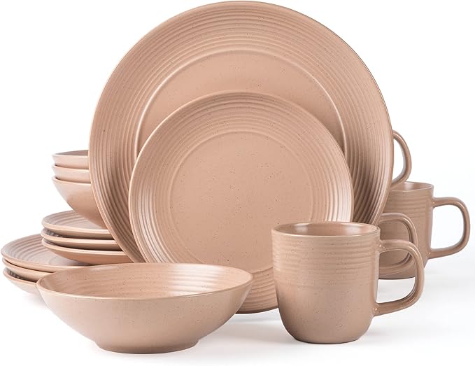 Arora RINGAR Round Stoneware 16pc Dinnerware Set of 4, Dinner Plates, Side Plates, Cereal Bowls, Mugs - Speckle Matte Coral (416867)