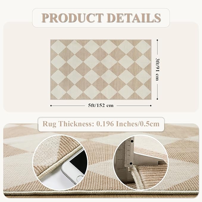 Beeiva Checkered Print 3x5 Washable Area Rug for Bedroom, Non Slip Ultra Thin Beige Entryway Rug Non Shedding Kitchen Rug 3x5, Modern Checkerboard Carpet Plaid Decor for Bathroom Office Nursery