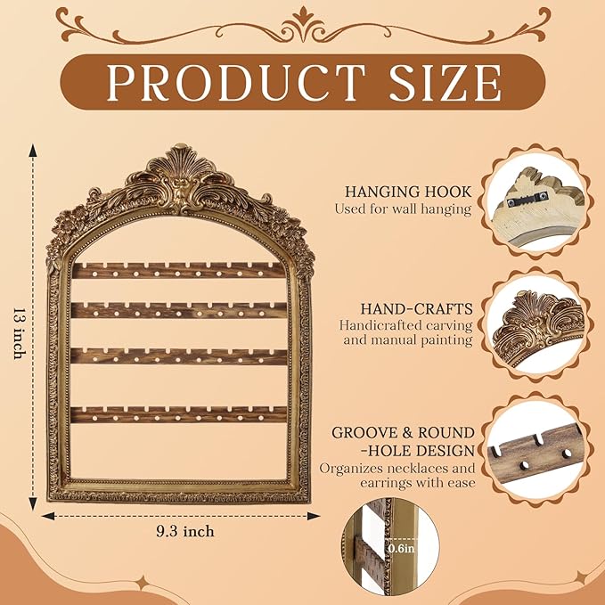 1 Pcs 13 x 9.3'' Wall Hanging Earring Holder Organizers Vintage Arched Frame 4 Layer Wall Mounted Jewelry Holder Decorative Retro Baroque Stud Earring Display (Gold)