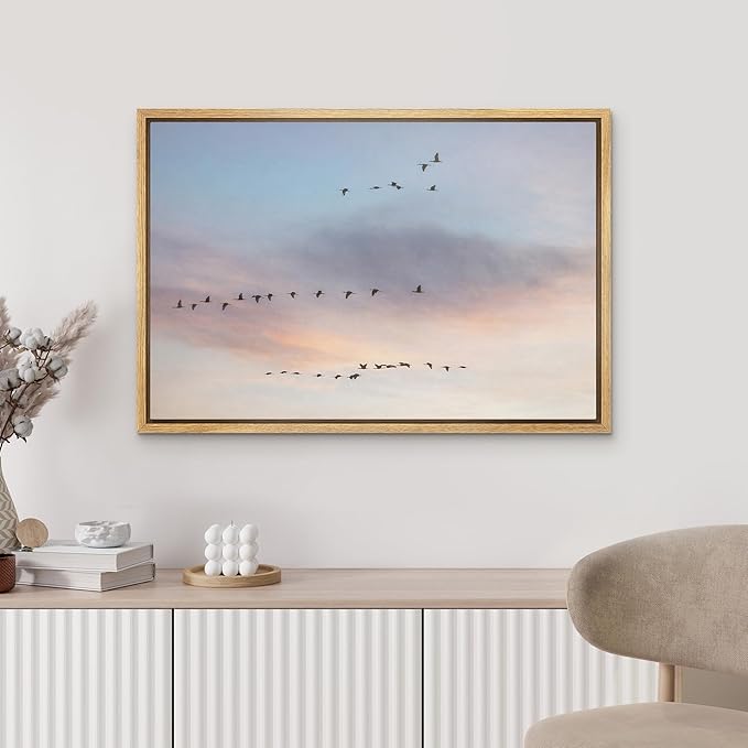 MUDECOR Framed Canvas Print Wall Art Flying Birds in Pastel Sunset Sky Panorama Illustrations Minimalism Decorative Bohemian Zen for Living Room, Bedroom, Office - 24"x36" NATURAL