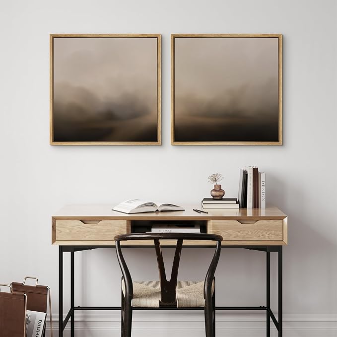 SIGNFORD Framed Canvas Print Wall Art Set Neutral Foggy Landscape Soft Beige and Brown Abstract Illustrations Modern Art Minimal Relax/Calm for Living Room, Bedroom, Office - 16"x16"x2 Natural