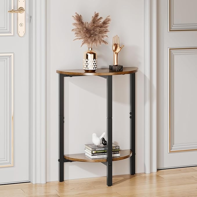 Vagusicc Side Table, Small Round End Table, Set of 2 Half Round Side Table for Living Room, 2 Tier Small Couch Side Tables, Round Coffee Table, Thin Accent Sofa Table Narrow Entryway Table, Brown