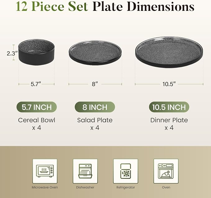 Kitchen Academy Black Fluted Stoneware Plates and Bowls Sets for 4, 12 Pieces Ceramic Dinnerware Set Non Toxic, Scratch Resistant Dish, Oven & Microwave & Dishwasher Safe