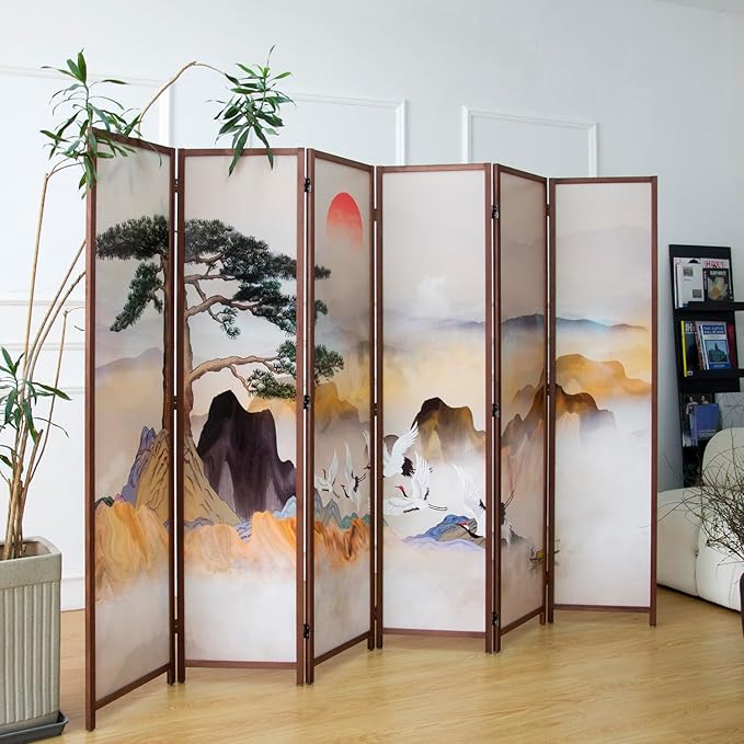 Furnnylane 6 Panel Room Divider, Double-Sided Folding Privacy Screen for Home Office – Freestanding Wall Partition with New Chic Colorful Landscape 67" H x 63" W - 5.6 ft Tall