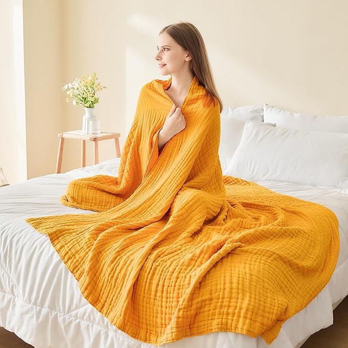 EMME Cotton Muslin King Blanket Bed Layering Breathable Gauze Blanket Soft Lightweight Blankets Adults (Mustard Yellow, 108"x90")