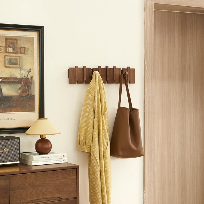 QUELLANCE Wood Coat Rack Wall Mount, Coat Hooks Hanger Wall Mounted, Heavy Duty Wall Coat Rack with 8 Hooks for Hanging Coats/Keys/Hats/Robe&Towels/Plants/Bags, Walnut