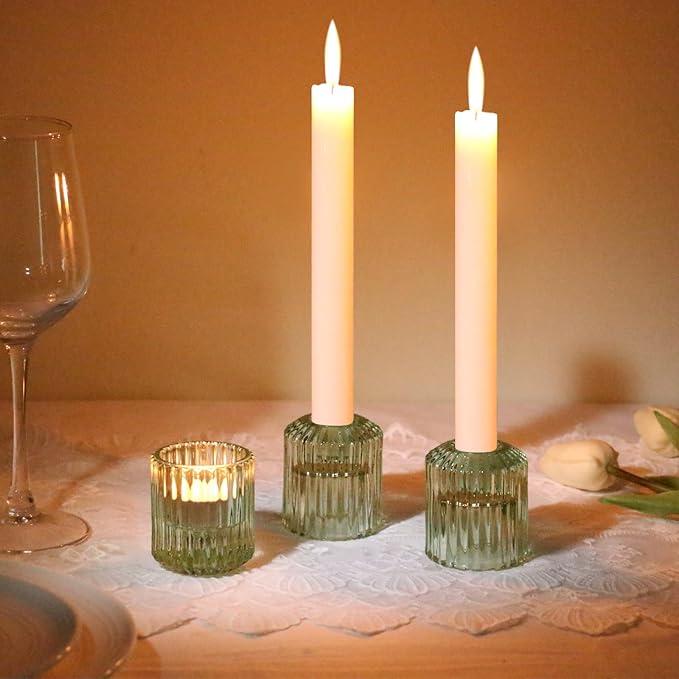 Reversible Green Glass Candle Holder Set of 3, Thick Heat-Resistant Glass Candlestick Holders for Taper, Tealight, Votive, LED Candles, Perfect for Wedding, Party, Home Décor