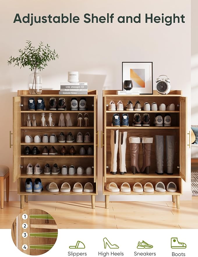 Smart FENDEE 6-Tier Shoe Storage Cabinet with 2 Slatted Doors, Large Wooden Shoe Cabinet with Gold Handle, Hidden Entryway Shoe Organizer for Hallway, Foyer, Natural Oak