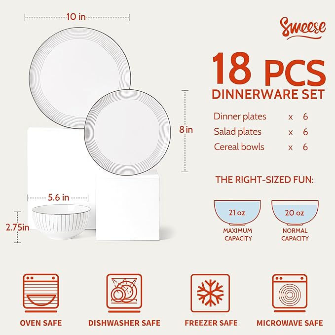 Sweese Lightweight Dinnerware Sets, Plates and Bowls Set for 6, 18 Pieces Stripe Dishes - Chip and Scratch Resistant, Microwave and Dishwasher Safe Porcelain Dinner Sets, Gray