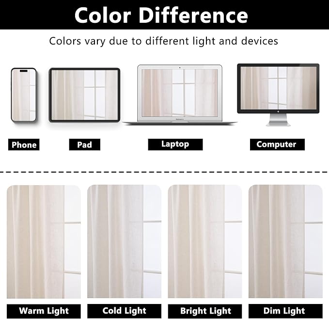 Linen Blended Sheer Curtains & Drapes - 84 Inches 2 Panels Set | Light Filtering & Semi-Sheer Privacy Protection, Grommet Top, Fits Living Room and Bedroom, 54 Inches Wide, Beige White
