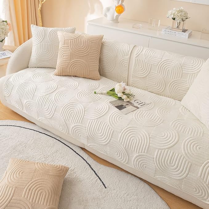 Soft Plush Geometric Quilted Couch Sofa Cover Boho Non Slip Fuzzy Sectional Couch Cover Solid Color Washable Sofa Slipcover Furniture Protector for Kids Dogs Cats (Ivory,36"x47")