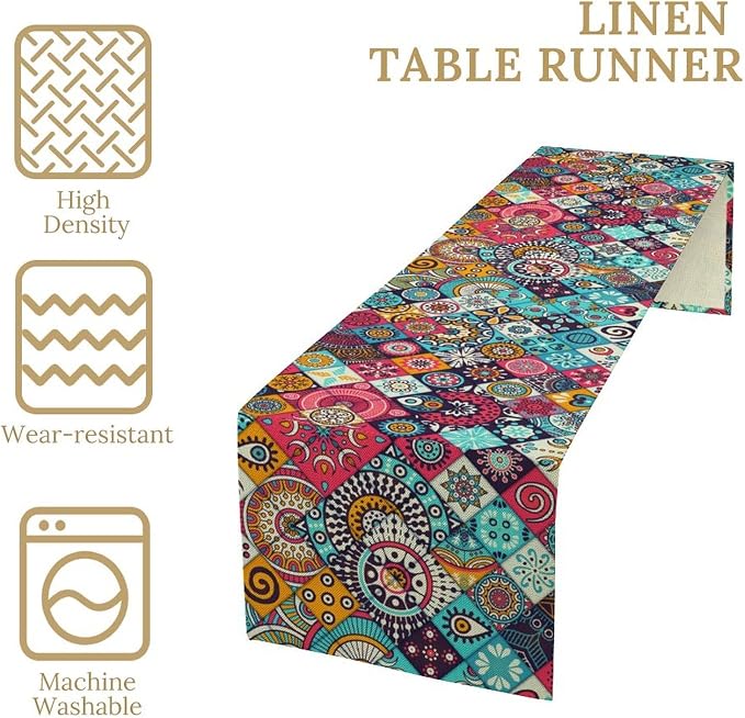 Boho Bohemian Table Runner Colorful Abstract Mid Century Geometric Table Ruuner Decoration for Kitchen Dining Room 13x60in