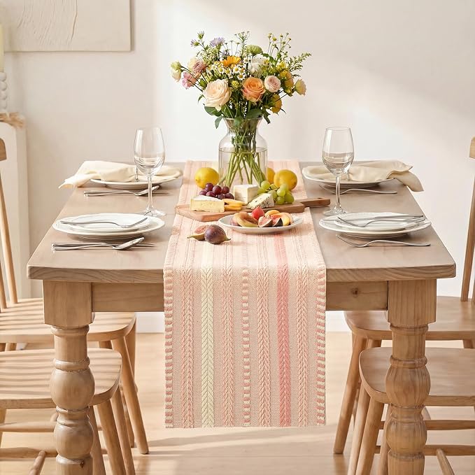 Artoid Mode Pink Farmhouse Woven Table Runner, Seasonal Holiday Rustic Kitchen Dining Table Decoration for Home Party Decor 12x72 Inch