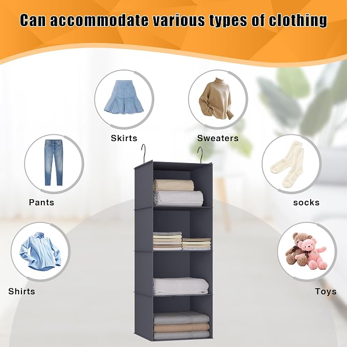 Hanging Closet Organizer, Easy Mount Foldable 4-Shelf Hanging Closet Wardrobe Storage Shelves, Clothes Handbag Shoes Accessories Storage, Washable Oxford Cloth Fabric, Dark Grey