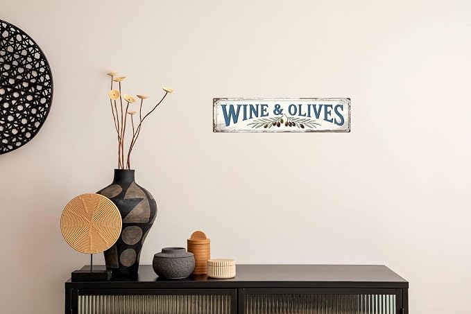 Wine and Olives Metal Sign 4x16in Rustic Plaque for Kitchen Dining Room Wall Decor