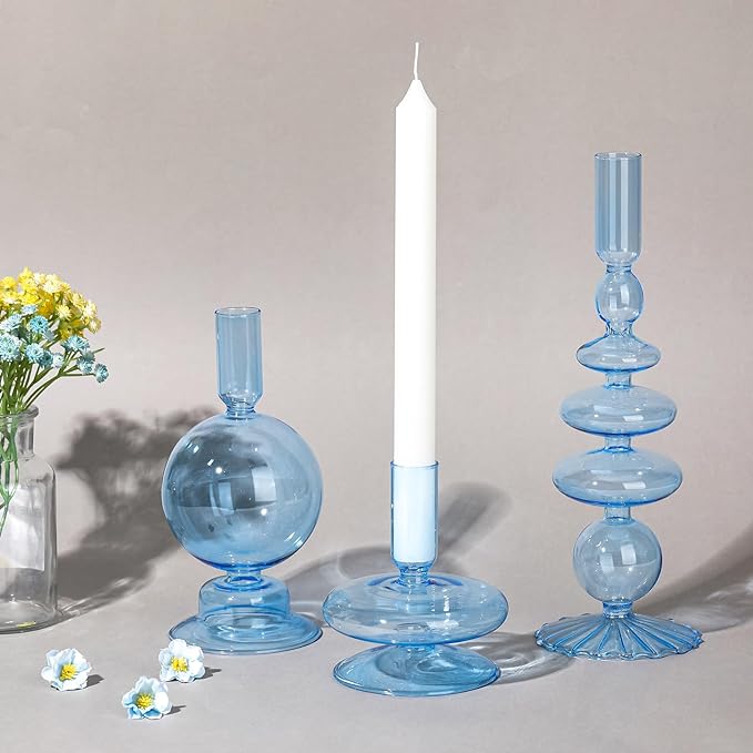 Rtteri 3 Pcs Glass Candlestick Holders Glass Candle Holders Groovy Wavy Elegant Taper Candle Stick for Wedding Home Birthday Party Easter St Patricks Day Decoration Windowsill Decor(Light Blue)