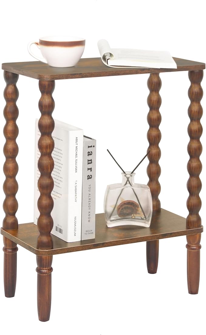 Fultyle Small Narrow End Table, Narrow Side Table Living Room with Storage, 2-Tier Wood Accent Table Slim Nightstand for Small Spaces, Office, Bedroom (Rustic Brown)