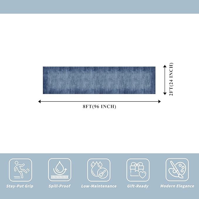 2x8 Washable Hallway Runner Rug – Non-Slip Modern Abstract Neutral Low-Pile Stain-Resistant Carpet Runner for Kitchen Entryway Bedroom Bathroom (Navy Blue,2x8)