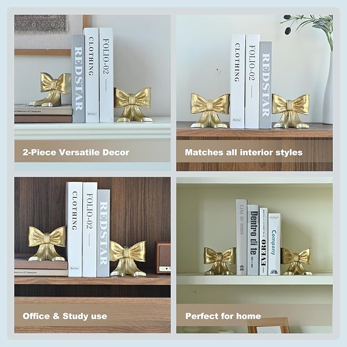 Metal Bookends Set of 2, Heavy Duty Book Ends for Heavy Books, Gold Decorative Bookends for Shelves Desk Office Home Decor