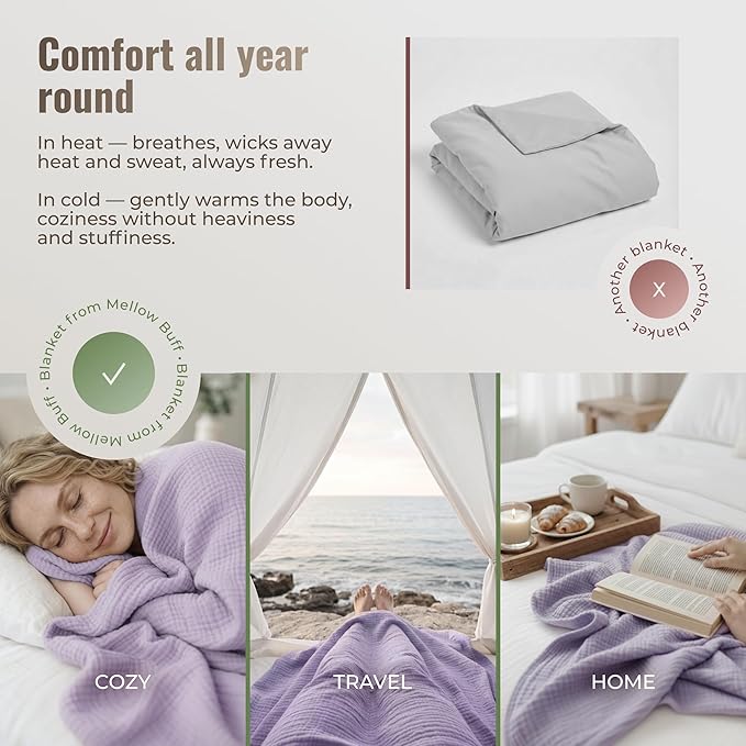 4-Layer Muslin Cotton Queen Bed Blanket (90 x 90 inches) – Ultra Soft Breathable Gauze, Lightweight All-Season Cozy Blanket, Machine Washable – Lavender