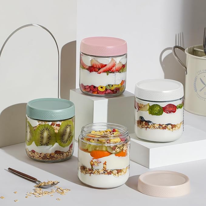 POIKSHARK 4-Pack Overnight Oats Containers with Lids,16 OZ Wide Mouth Glass Jars with Airtight Lids, Mason Jars Glass Food Containers for Snack Spice Sugar Food Prep Yogurt