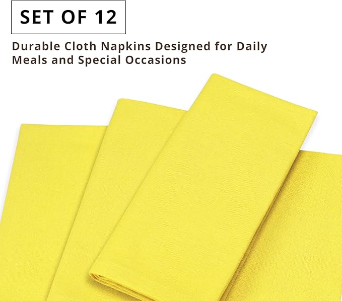 PurpleEssences Set of 12 Cloth Dinner Napkins 100% Cotton 18x18 Inch - Soft Durable Washable - Ideal for Farmhouse Party Spring Easter Summer - Perfect Everyday Use Table Linen - Yellow
