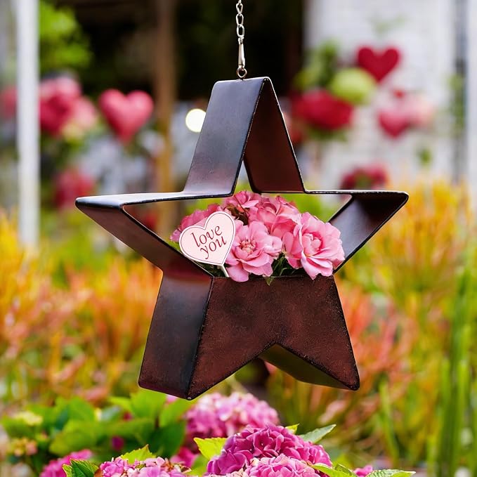 Metal Plant Hangers Indoor and Outdoor: Birthday Gifts for Mom Women Her Wife Garden Lovers - Star Shape Hanging Planters for Window Wall Living Room Office Decor(Rustic)