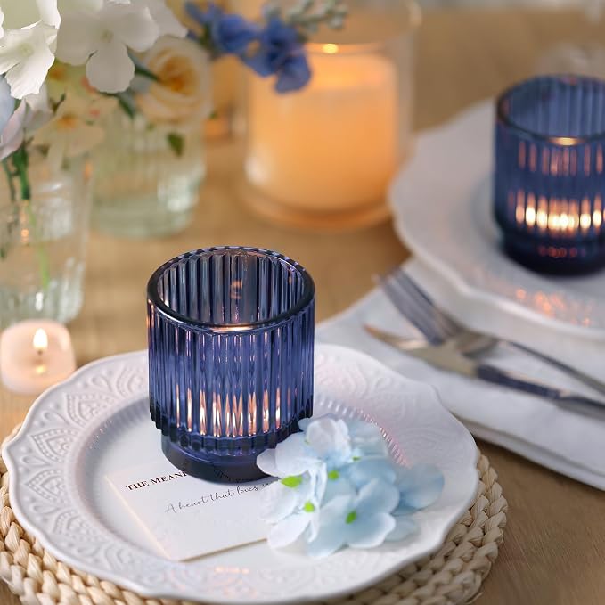 DEVI 8 Pcs Blue Votive Candle Holder for Wedding Centerpieces, Glass Ribbed Tea Light Holder for Wedding Table Decorations, Navy Blue Decor for Party Home Farmhouse Decorations