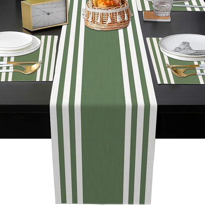 Emvency White Green Stripes Table Runner and Placemats Set of 6,Modern Geometric Painting Art Dining Decor for Daily Use(1 Table Runner 72 inches Long and 6 Placemats)