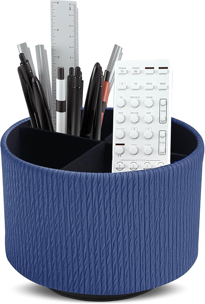 Round Leather Art Supply Organizer,Remote Control Holder,360 Degree Spinning,Multi-Functional Pencil Holder,4 Compartments Desktop Stationary Organizer(1-Vertical Wood Blue)