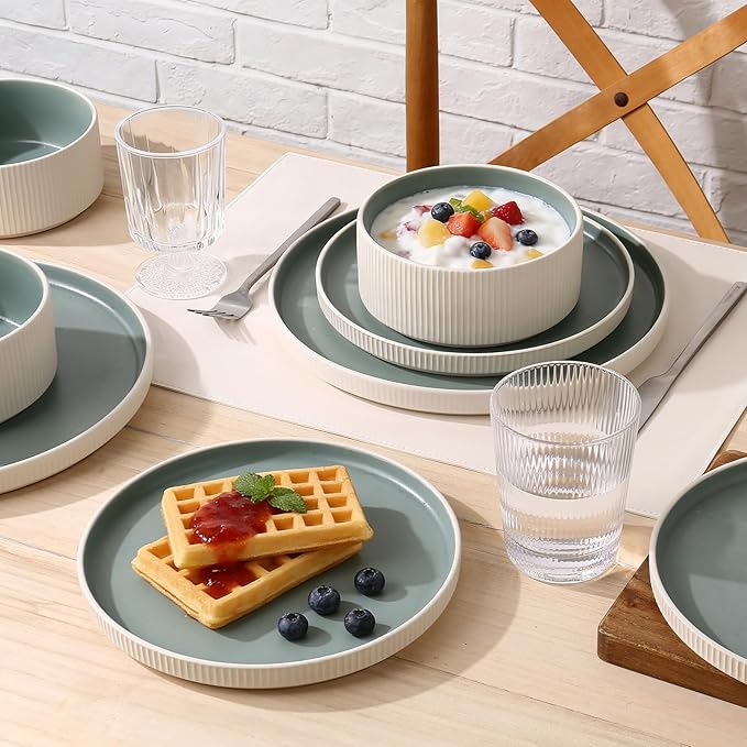 MONITO Ceramic Dinnerware Sets for 4, 12PCS Stoneware Plates and Bowls Sets, Reactive Glaze Dish Set, Chip and Scratch Resistant Double, Microwave and Dishwasher Safe, White Cyan