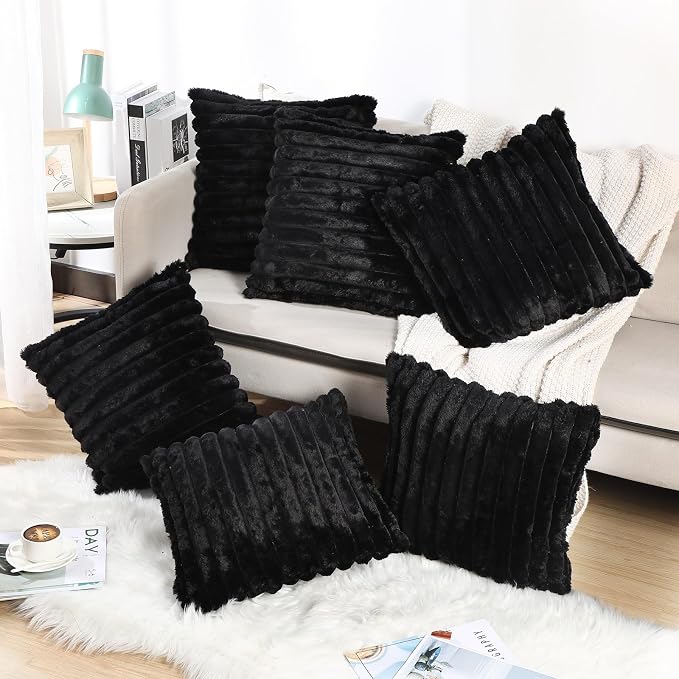 VitalCozy Throw Pillow Covers Set of 6 18x18 Decorative Neutral Couch Throw Pillow Covers Faux Fur Pillowcase Soft Velvet Farmhouse Boho Striped Decor for Bed, Sofa(Black)