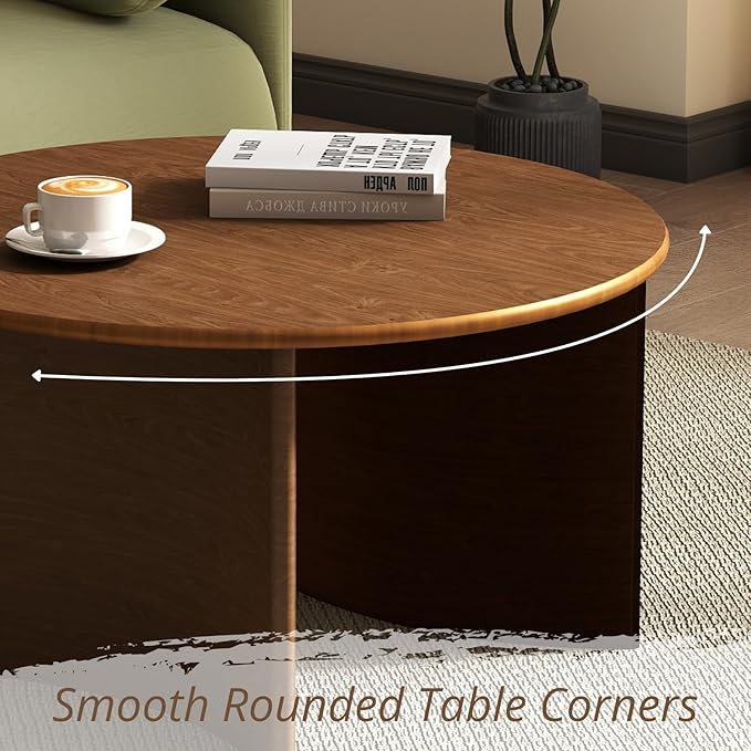 ROCITY 31.5″ Round Coffee Table, Walnut Circle Coffee Table with Curved Base, Solid Wood, Ideal for Living Room, Apartment, Compact Place