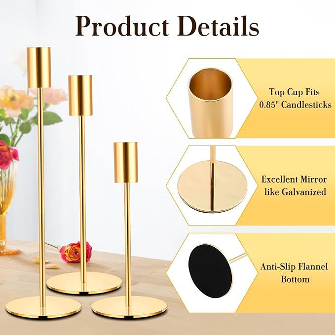 3 Piece Gold Taper Candle Holders - Modern Candlestick Holders for Wedding, Dining Table & Home Decor - Mantel Centerpiece Set for Living Room, Party