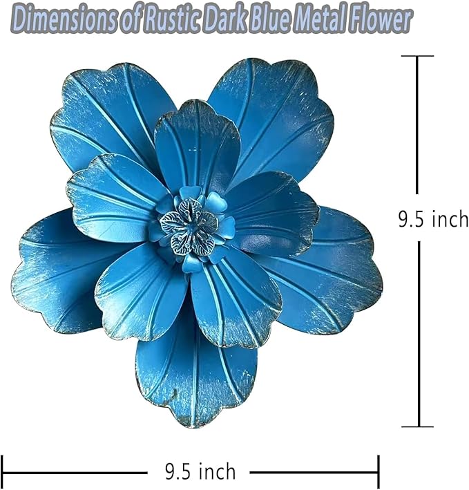 Metal Flower Wall Sculpture, 9.5" Rustic Modern Artwork Distressed 3D Layered Vintage Iron Flower Wall Hanging Accent for Indoor Kitchen, Bedroom Living Room Office Outdoor Garden Patio Decor (Blue)