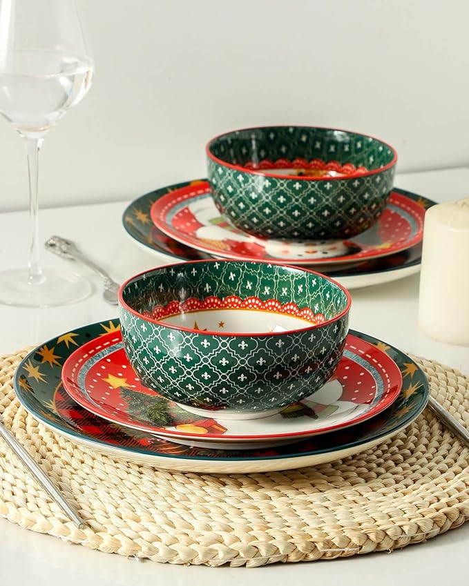 HASENSE 18 Pieces Dinnerware Sets for 6, Christmas Plates and Bowls Set for Valentie's Day, Ceramic Chip Resistant Tableware Dishes Set, Scratch Resistant Microwave and Dishwasher Safe, Multicolor