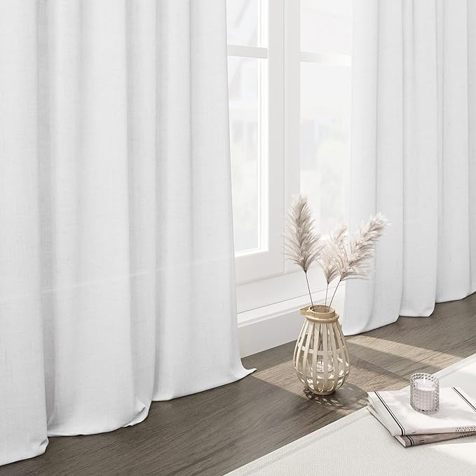 Nanspring White Linen Curtains 2 Panels Set for Living Room Extra Long Back Tab Curtains 103 Inches Long Farmhouse Semi Sheer Light Filtering Linen Drapes Ceiling to Floor for Large Window 52x103