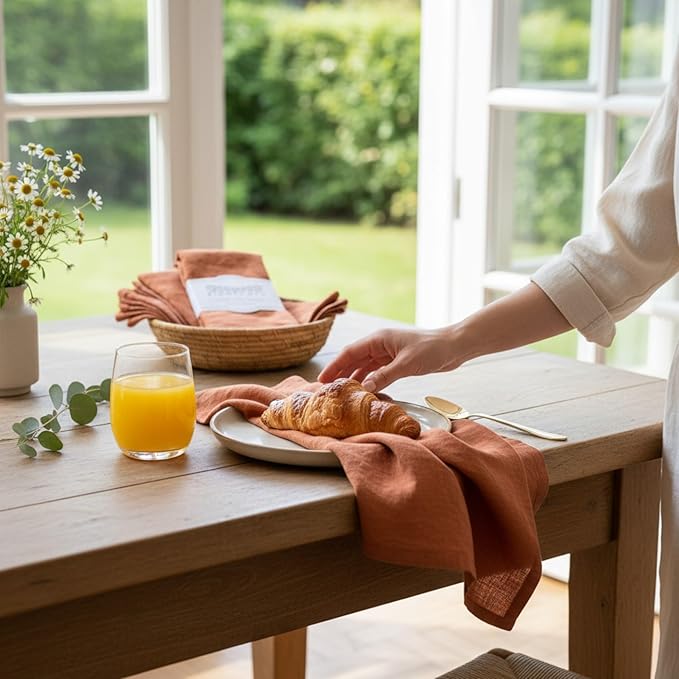 Linen Napkins –100% French Flax – Stonewashed Pure Linen Cloth Napkins - Size 18 Inch x 18 Inch – Set of 4 (Rustic Orange)