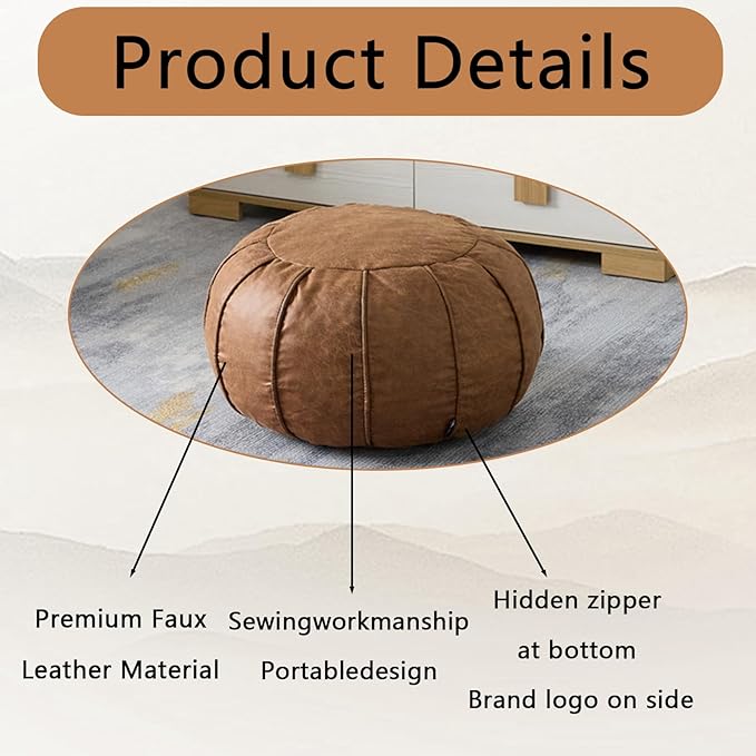 Louis Donné Unstuffed Moroccan Ottoman Pouf Cover, Waterproof Handmade Faux Decor Storage Solution, Footstool Pouffe Cover Replacement Balcony Indoor 21dia Chestnut Brown, ONLY Cover