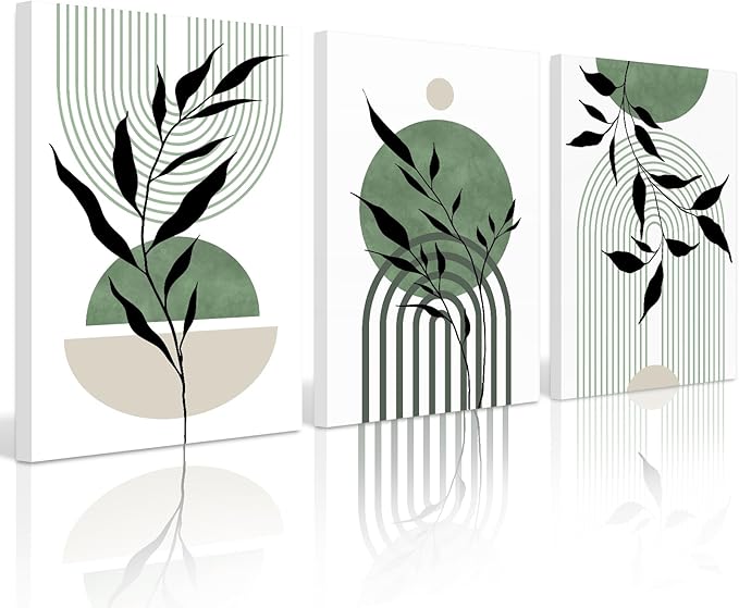 Mid Century Modern Wall Art Set of 3 Sage Green Canvas Wall Art Boho Prints Green Wall Decor Black Beige Abstract Wall Art Picture Mid Century Painting for Home Bedroom 12x16 Inch Wrapped Canvas