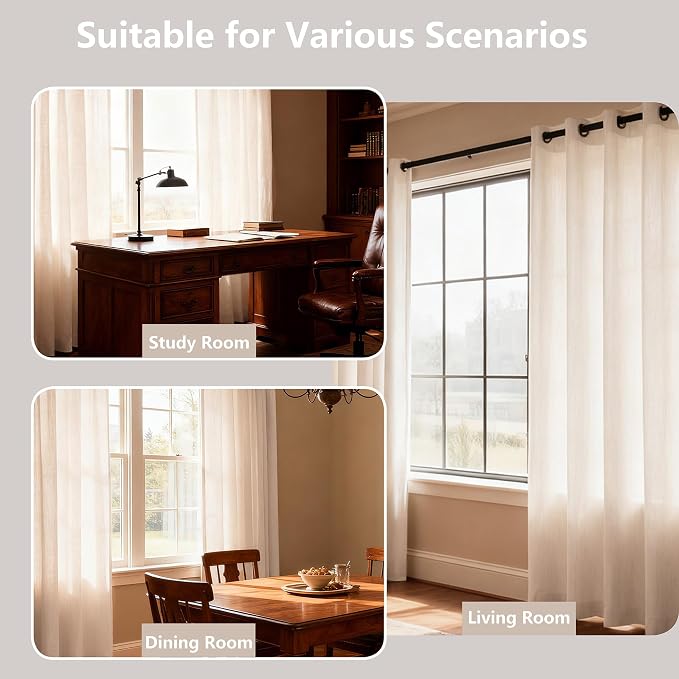 Linen Blended Sheer Curtains & Drapes - 96 Inches 2 Panels Set | Light Filtering & Semi-Sheer Privacy Protection, Grommet Top, Fits Living Room and Bedroom, 54 Inches Wide, Beige White