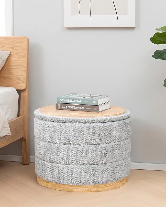 PINPLUS Chenille Folding Ottoman Footstool, Round Storage Ottoman, Soft Fabric, 330 lbs Load Capacity, Large Ottoman for Living Room, Bedroom, Dorm, Silver Grey Colors