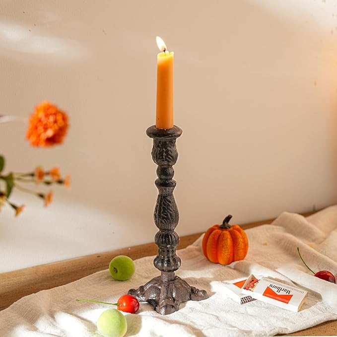 Sungmor Vintage Black Cast Iron Candle Holder – 8.7" Tall Decorative Rustic Taper Candle Stand – Heavy Antique-Style Candlestick for Table Centerpiece, Fireplace Mantel, or Farmhouse Home Décor