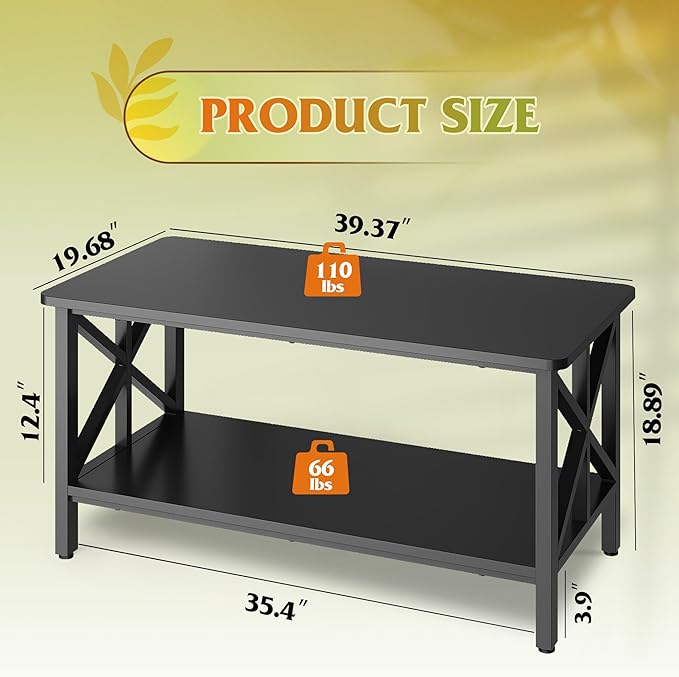 WLIVE Coffee Table for Living Room, 39" Modern 2-Tier Center Table with Round Corners, Storage Shelf, Farmhouse Style Small Coffee Table with Metal Frame, Black